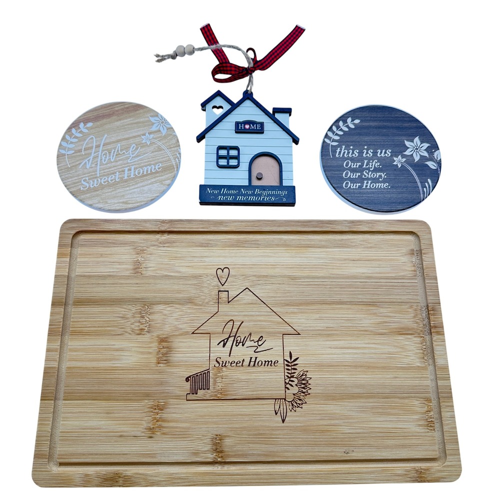 Home Sweet Home Bamboo Cutting Board & Cork Backed Coasters Housewarming Set